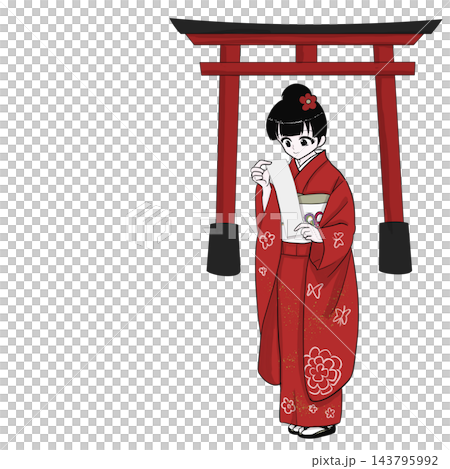 A woman in a furisode kimono looks at a fortune slip during her first shrine visit of the year at a shrine with a torii gate. A woman in a furisode kimono looks at a fortune slip during her first shrine visit of the year at a shrine with a torii gate. 143795992
