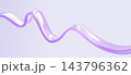 Abstract 3D liquid glass wave ribbon floating in clean light background. Elegant fluid line shape in soft pastel purple tone, holographic dynamic curve translucent design element. 3D illustration 143796362