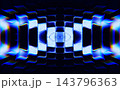 Abstract fractal 3D geometric pattern with glowing blue neon light waves, futuristic grid structure on dark render background. Intense chromatic aberration and lens distortion effects. 3D illustration Abstract fractal 3D geometric pattern with glowing blue neon light waves, futuristic grid structure on dark render background. Intense chromatic aberration and lens distortion effects. 3D illustration 143796363