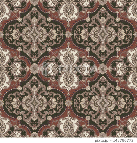 Dark Olive Brick Red Damask Pattern Dark Olive Brick Red Damask Pattern 143796772