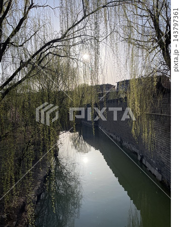 Willow Trees Canal Riverbank Brick Wall Gubei Water Town Beijing China 143797361