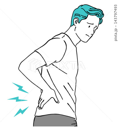 腰痛で腰を押さえる男性のシンプルでおしゃれな線画イラスト（ギックリ腰、体調不良、整体、健康、お悩み） 143797493