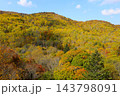 秋深まる北海道の紅葉の中、十月北海道ドライブ、メイプル街道を抜けて赤井川の国道を紅葉望む秋の空 143798091