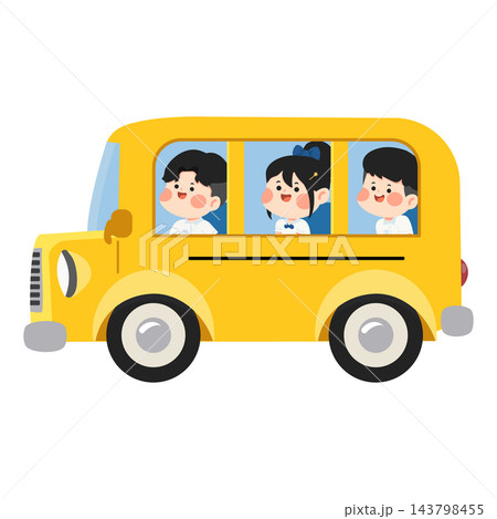 Happy children smiling from a yellow school bus on their way to class 143798455