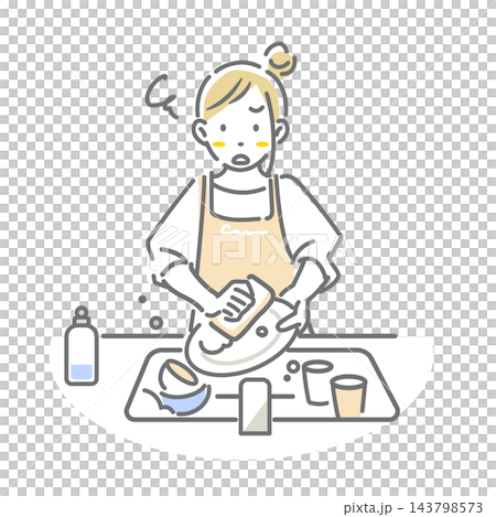 洗い物にストレスを感じる若いお母さん シンプルでお洒落な線画イラスト 洗い物にストレスを感じる若いお母さん シンプルでお洒落な線画イラスト 143798573
