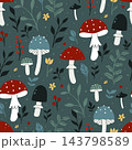 Seamless pattern with mushrooms and forest foliage on a dark turquoise background 143798589