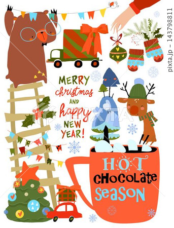 Cute Cartoon Set With Animals and Christmas Elements Cute Cartoon Set With Animals and Christmas Elements 143798811