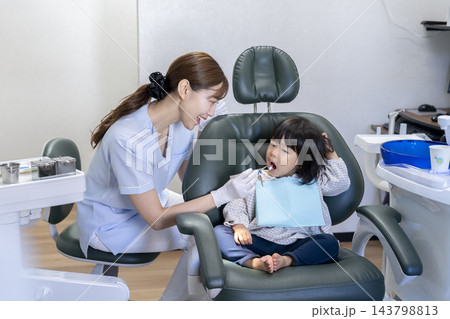 歯科衛生士にフッ素塗布を受ける2歳の女の子 歯科衛生士にフッ素塗布を受ける2歳の女の子 143798813