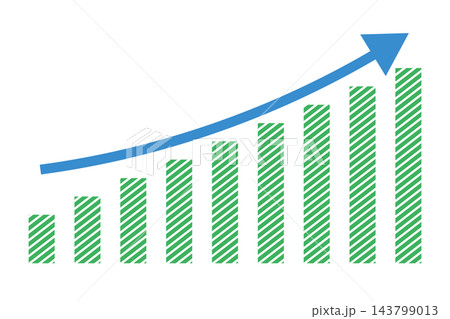 Green striped bar chart with blue arrow, isolated illustration Green striped bar chart with blue arrow, isolated illustration 143799013