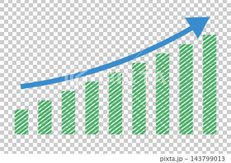Green striped bar chart with blue arrow, isolated illustration Green striped bar chart with blue arrow, isolated illustration 143799013