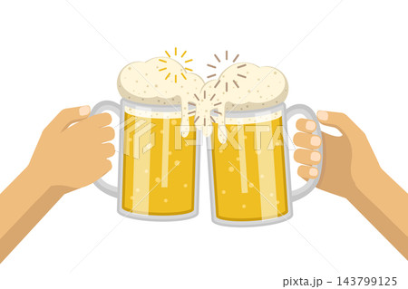 Two hands clinking beer mugs in a toast, isolated illustration Two hands clinking beer mugs in a toast, isolated illustration 143799125