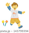 手を振りながら走ってくる男の子　カラフルで楽しい手描きのフラットイラスト 143799394