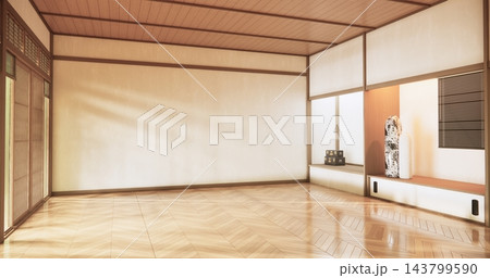 Empty room,Japanese room with white wall with maple wood wall design Evokes a sense of warmth, fall background. 3d rendering 143799590