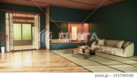 Low table Japanese-style on mint blue living room evokes the feeling of spring with sunlight streaming into the space.3D rendering Low table Japanese-style on mint blue living room evokes the feeling of spring with sunlight streaming into the space.3D rendering 143799596