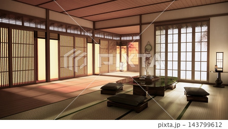 Tatami mat and table low japan Evokes a sense of warmth on Autumn concept on Living room Japanese style with white wall with, fall background. 3d rendering Tatami mat and table low japan Evokes a sense of warmth on Autumn concept on Living room Japanese style with white wall with, fall background. 3d rendering 143799612