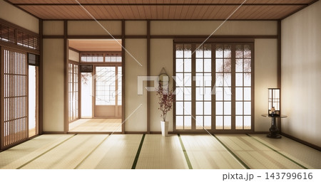 Autumn, Japanese style with decoration on Japanese room in tatami mats the floor and Light shines into the room .3D rendering Autumn, Japanese style with decoration on Japanese room in tatami mats the floor and Light shines into the room .3D rendering 143799616