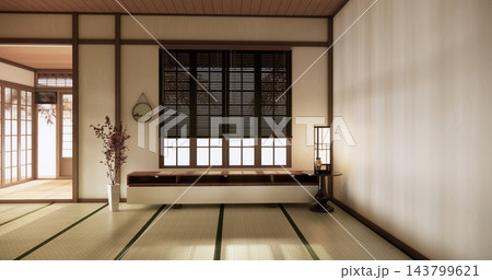 Empty room,Japanese room with white wall with maple wood wall design Evokes a sense of warmth, fall background. 3d rendering 143799621