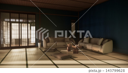 Low table Japanese-style on mint blue living room evokes the feeling of spring with sunlight streaming into the space.3D rendering Low table Japanese-style on mint blue living room evokes the feeling of spring with sunlight streaming into the space.3D rendering 143799628