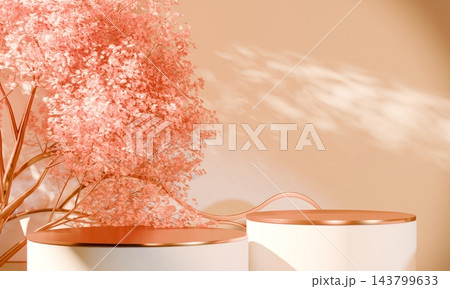 Red circle podium stand on Autumn scene and red maple leaves. 3D rendering Red circle podium stand on Autumn scene and red maple leaves. 3D rendering 143799633