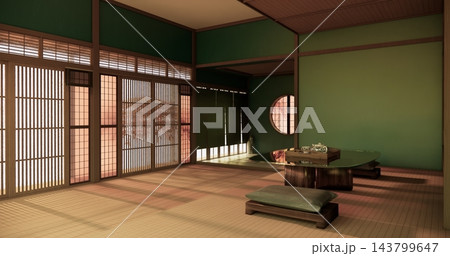 Low table Japanese-style on mint blue living room evokes the feeling of spring with sunlight streaming into the space.3D rendering 143799647