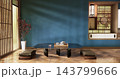 Low table Japanese-style on mint blue living room evokes the feeling of spring with sunlight streaming into the space.3D rendering 143799666