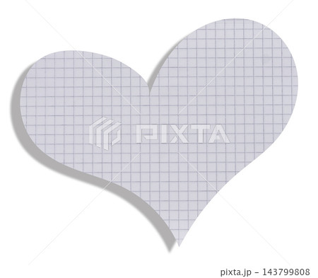 A heart cut out from a sheet of white, grid-lined notebook paper; a paper shape with a shadow A heart cut out from a sheet of white, grid-lined notebook paper; a paper shape with a shadow 143799808