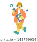 スマホで音楽を楽しみながら歩く男子学生　カラフルで楽しい手描きのフラットイラスト 143799934