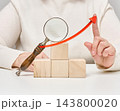 Woman's hand pointing at a red growth arrow above a magnifying glass and wooden cubes 143800020