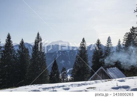 Snowy landscape at Hornle Mountain, alpine foothills in Bavaria, Germany 143800263
