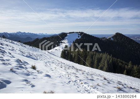 Snowy landscape at Hornle Mountain, alpine foothills in Bavaria, Germany 143800264