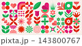 Mothers day. Abstract floral collection with geometric hearts, stylized flowers, leaves and decorative plant shapes. Spring greeting cards, festive prints and holiday patterns. Vector illustration 143800767