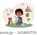 Kid children book. Happy little boy sitting on carpet and holding plush toys in cozy playroom. Cute nursery interior with wall decorations, indoor plants and bookshelf. Vector cartoon illustration 143800774