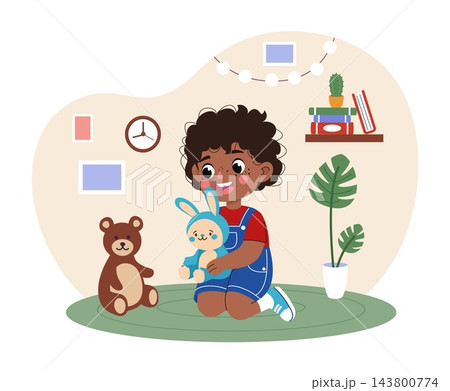 Kid children book. Happy little boy sitting on carpet and holding plush toys in cozy playroom. Cute nursery interior with wall decorations, indoor plants and bookshelf. Vector cartoon illustration 143800774