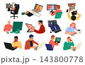 Design work. Creative professionals using digital tablets, computers and graphic software. Artists develop illustrations, animation, visual projects. Vector cartoon flat style isolated illustration 143800778