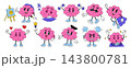 Cartoon brain. Character thinks, cute mascot explores succeed. Develops with ideas, mind strive. Creative genius knowledge. Smart intelligence. Funny pink person with emotion. Vector tidy isolated set 143800781