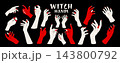 Witch hands for Halloween. Female fingers like bat claws. Devil nails in black, red. Tattoo doodle for occult. Creepy woman palm. Mysterious vampire gesture. Vector garish cartoon flat isolated set 143800792