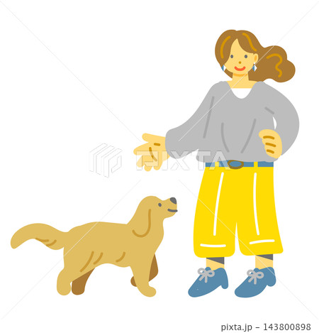 屋外で愛犬と遊ぶ女性 カラフルで楽しい手描きのフラットイラスト 屋外で愛犬と遊ぶ女性 カラフルで楽しい手描きのフラットイラスト 143800898