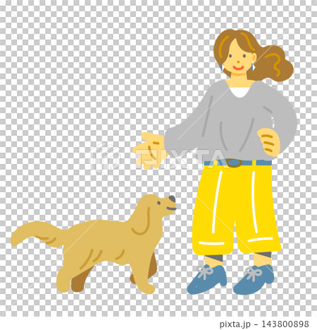 屋外で愛犬と遊ぶ女性 カラフルで楽しい手描きのフラットイラスト 屋外で愛犬と遊ぶ女性 カラフルで楽しい手描きのフラットイラスト 143800898