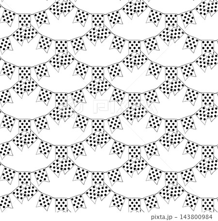festive Black and white bunting flags hanging on strings birthday seamless pattern colored hand drawn illustration. Vector graphic line ink art. creating a joyful and celebratory party designs. 143800984