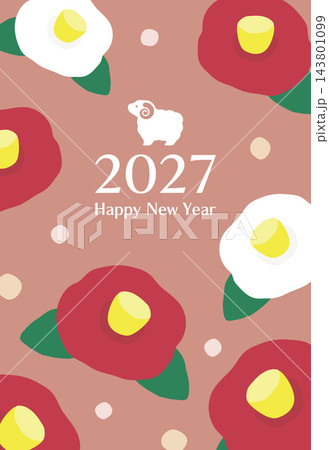 2027年未年の羊と椿の年賀状 143801099