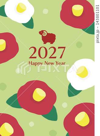 2027年未年の羊とつばきの年賀状、緑の背景 143801101
