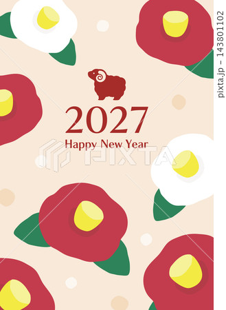 2027年未年の羊とつばきの年賀状、ベージュの背景 143801102