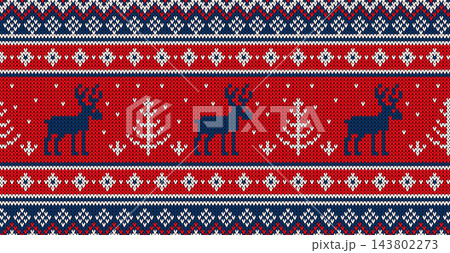 Christmas knitted seamless pattern featuring blue reindeers, white pine trees, and Nordic geometric ornaments on red and blue background. Festive Fair Isle sweater textile texture, winter holiday 143802273