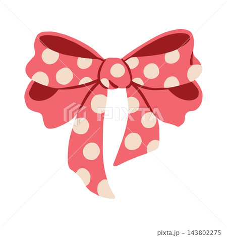 Pink polka dot bow tied ribbon vector illustration. Cute gift wrapping decoration, festive knot accessory, and birthday holiday ornament 143802275