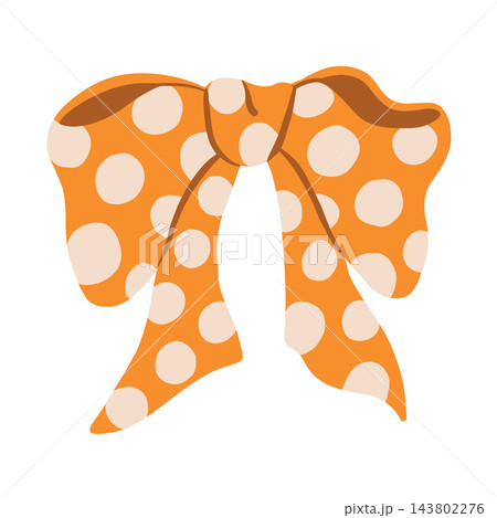 Orange polka dot bow tied ribbon vector illustration. Cute gift wrapping decoration, festive knot accessory, and birthday holiday ornament Orange polka dot bow tied ribbon vector illustration. Cute gift wrapping decoration, festive knot accessory, and birthday holiday ornament 143802276