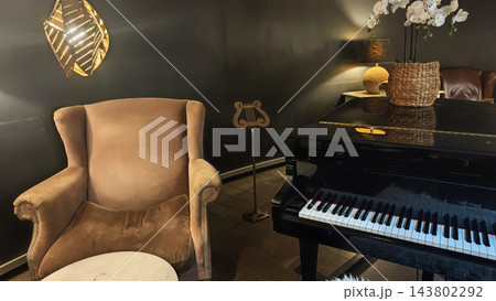 Vintage salon with polished grand piano, upholstered armchair, harp music stand, orchid arrangement, decorative lamp, and intimate lounge interior 143802292