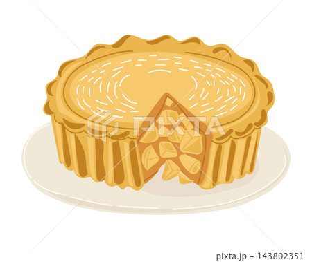 Apple pie illustration with golden crust, lattice cut detail, sliced filling, and decorative pastry pattern on a plate, isolated food artwork 143802351