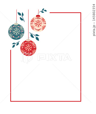 Christmas card with three floral patterned hanging ornaments, botanical branches, red border, and large blank central space for seasonal greeting design Christmas card with three floral patterned hanging ornaments, botanical branches, red border, and large blank central space for seasonal greeting design 143802354