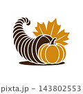 Thanksgiving cornucopia illustration with pumpkin and leaf 143802553