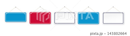 Red and blue shop door signs hanging isolated . Empty or blank sign for store, restaurant or cafe. Vector illustration Red and blue shop door signs hanging isolated . Empty or blank sign for store, restaurant or cafe. Vector illustration 143802664